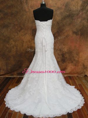 Lace Wedding Dress White Lace Up Sleeveless Brush Train