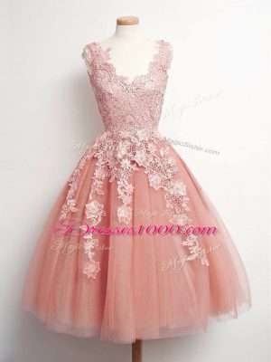 Flirting Peach Bridesmaids Dress Prom and Party and Wedding Party with Lace V-neck Sleeveless Lace Up