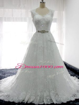 Fancy White Sleeveless Beading and Lace Clasp Handle Wedding Dresses