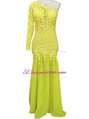Yellow Column/Sheath Lace and Appliques Mother of Bride Dresses Side Zipper Chiffon Long Sleeves
