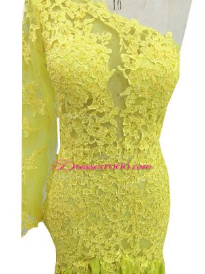 Yellow Column/Sheath Lace and Appliques Mother of Bride Dresses Side Zipper Chiffon Long Sleeves