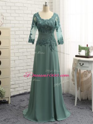 Green Scalloped Neckline Lace and Appliques and Ruching Mother of Groom Dress Long Sleeves Zipper