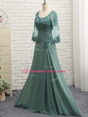 Green Scalloped Neckline Lace and Appliques and Ruching Mother of Groom Dress Long Sleeves Zipper