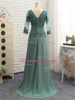 Green Scalloped Neckline Lace and Appliques and Ruching Mother of Groom Dress Long Sleeves Zipper