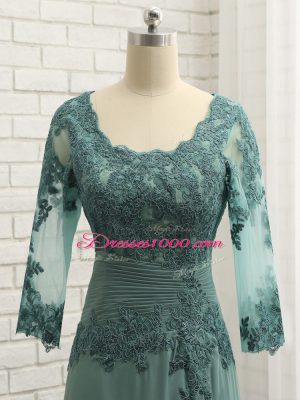 Green Scalloped Neckline Lace and Appliques and Ruching Mother of Groom Dress Long Sleeves Zipper