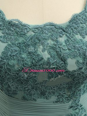 Green Scalloped Neckline Lace and Appliques and Ruching Mother of Groom Dress Long Sleeves Zipper