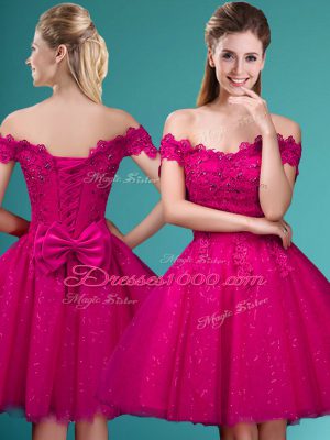 Designer Fuchsia Off The Shoulder Lace Up Lace and Belt Wedding Guest Dresses Cap Sleeves