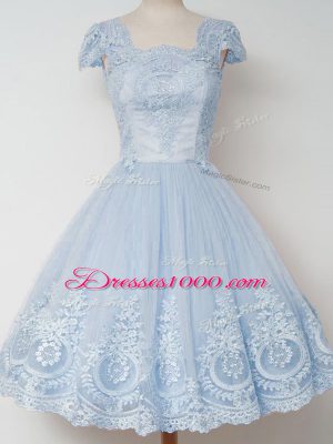 Hot Sale A-line Dama Dress for Quinceanera Light Blue Square Tulle Cap Sleeves Knee Length Zipper