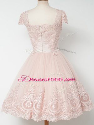 Hot Sale A-line Dama Dress for Quinceanera Light Blue Square Tulle Cap Sleeves Knee Length Zipper