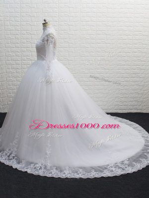 Exquisite High-neck Long Sleeves Wedding Gowns Brush Train Lace White Tulle