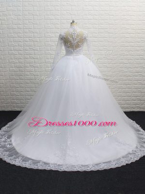 Exquisite High-neck Long Sleeves Wedding Gowns Brush Train Lace White Tulle