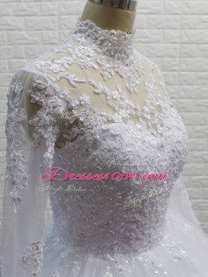 Exquisite High-neck Long Sleeves Wedding Gowns Brush Train Lace White Tulle