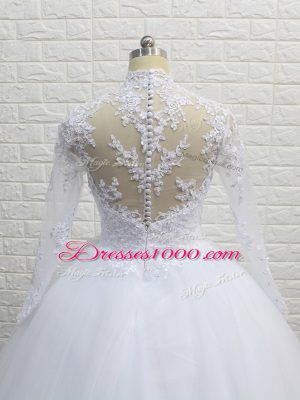 Exquisite High-neck Long Sleeves Wedding Gowns Brush Train Lace White Tulle