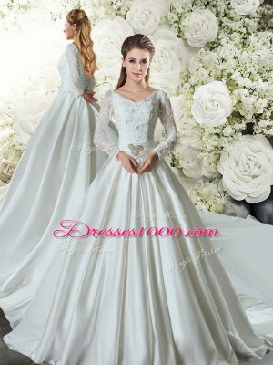 Sophisticated White Long Sleeves Lace and Belt Lace Up Wedding Gown