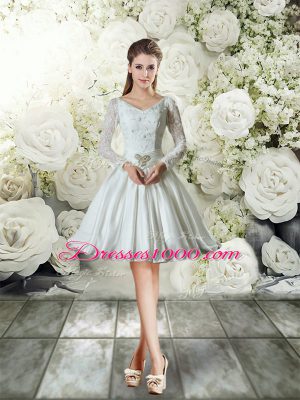 Sophisticated White Long Sleeves Lace and Belt Lace Up Wedding Gown