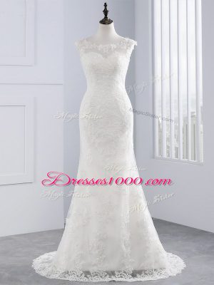 Custom Fit White Wedding Gown Wedding Party with Lace Scoop Sleeveless Brush Train Zipper