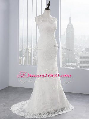 Custom Fit White Wedding Gown Wedding Party with Lace Scoop Sleeveless Brush Train Zipper