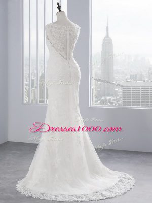 Custom Fit White Wedding Gown Wedding Party with Lace Scoop Sleeveless Brush Train Zipper