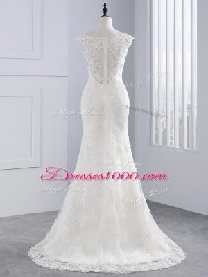 Custom Fit White Wedding Gown Wedding Party with Lace Scoop Sleeveless Brush Train Zipper