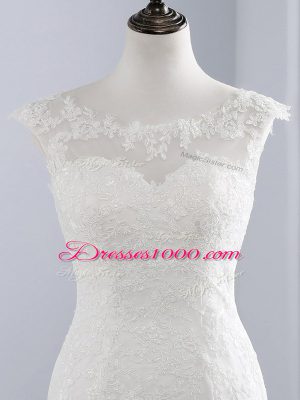 Custom Fit White Wedding Gown Wedding Party with Lace Scoop Sleeveless Brush Train Zipper