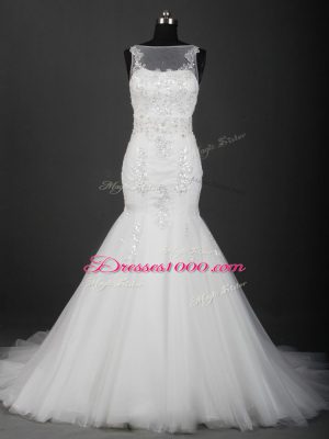Excellent Sleeveless Tulle Brush Train Zipper Bridal Gown in White with Appliques