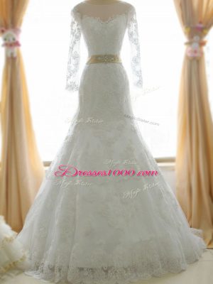 Fantastic Scoop Long Sleeves Tulle Wedding Gowns Lace and Appliques Brush Train Zipper