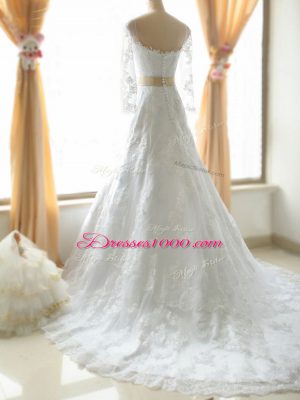 Fantastic Scoop Long Sleeves Tulle Wedding Gowns Lace and Appliques Brush Train Zipper