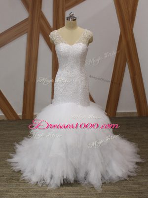 Customized White Wedding Dresses V-neck Sleeveless Brush Train Lace Up