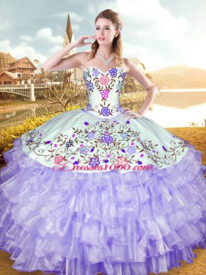 Sleeveless Organza and Taffeta Floor Length Lace Up Ball Gown Prom Dress in Lavender with Embroidery and Ruffled Layers