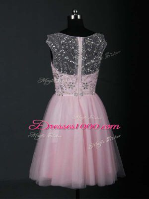 Charming Short Sleeves Tulle Mini Length Lace Up Prom Dress in Baby Pink with Beading