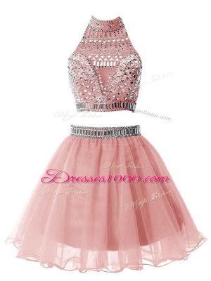 Sleeveless Organza Knee Length Zipper Quinceanera Court Dresses in Pink with Beading