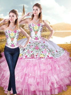 Stylish Rose Pink Sleeveless Floor Length Embroidery and Ruffled Layers Lace Up Sweet 16 Quinceanera Dress