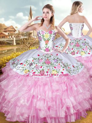 Stylish Rose Pink Sleeveless Floor Length Embroidery and Ruffled Layers Lace Up Sweet 16 Quinceanera Dress