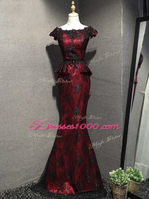 Custom Designed Red And Black Sleeveless Lace Lace Up Evening Wear for Prom and Military Ball