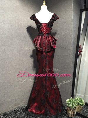 Custom Designed Red And Black Sleeveless Lace Lace Up Evening Wear for Prom and Military Ball