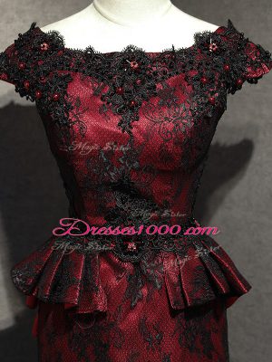 Custom Designed Red And Black Sleeveless Lace Lace Up Evening Wear for Prom and Military Ball