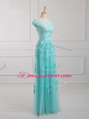 Spectacular Short Sleeves Tulle Floor Length Lace Up Mother Dresses in Aqua Blue with Beading and Lace and Appliques