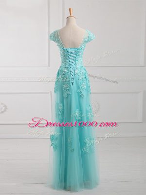 Spectacular Short Sleeves Tulle Floor Length Lace Up Mother Dresses in Aqua Blue with Beading and Lace and Appliques