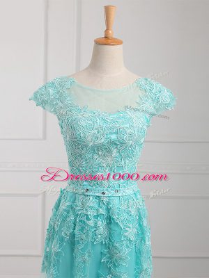 Spectacular Short Sleeves Tulle Floor Length Lace Up Mother Dresses in Aqua Blue with Beading and Lace and Appliques