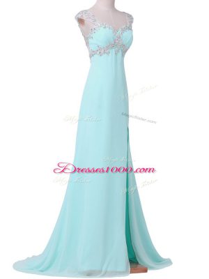 Simple Aqua Blue Cap Sleeves Chiffon Backless Celebrity Dress for Prom and Party and Military Ball