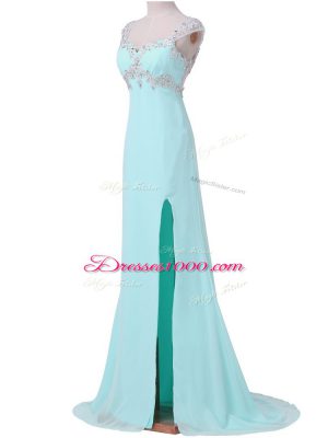 Simple Aqua Blue Cap Sleeves Chiffon Backless Celebrity Dress for Prom and Party and Military Ball