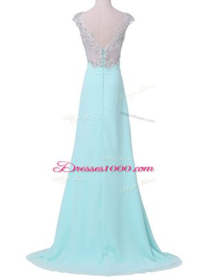 Simple Aqua Blue Cap Sleeves Chiffon Backless Celebrity Dress for Prom and Party and Military Ball