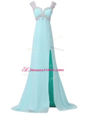 Simple Aqua Blue Cap Sleeves Chiffon Backless Celebrity Dress for Prom and Party and Military Ball