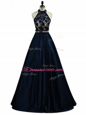 Halter Top Sleeveless Prom Dresses Floor Length Lace and Appliques Navy Blue Taffeta