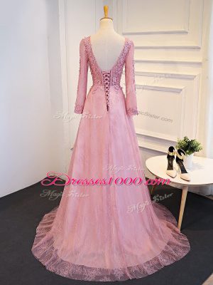 Pink Tulle Lace Up V-neck Long Sleeves Mother of Bride Dresses Brush Train Lace and Appliques