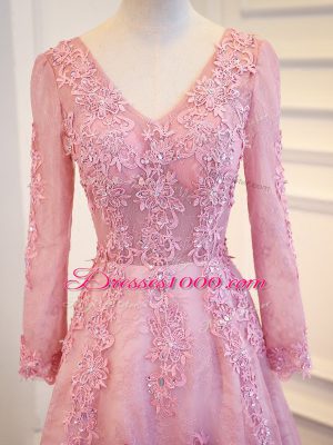 Pink Tulle Lace Up V-neck Long Sleeves Mother of Bride Dresses Brush Train Lace and Appliques