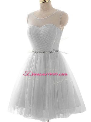 Shining Grey Lace Up Scoop Beading and Ruching Prom Homecoming Dress Tulle Sleeveless