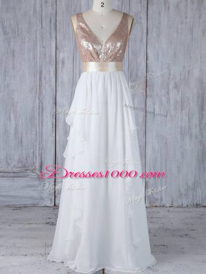 Noble Ruffles and Sequins Bridesmaid Gown White Backless Sleeveless Floor Length
