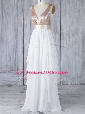 Noble Ruffles and Sequins Bridesmaid Gown White Backless Sleeveless Floor Length