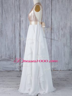 Noble Ruffles and Sequins Bridesmaid Gown White Backless Sleeveless Floor Length